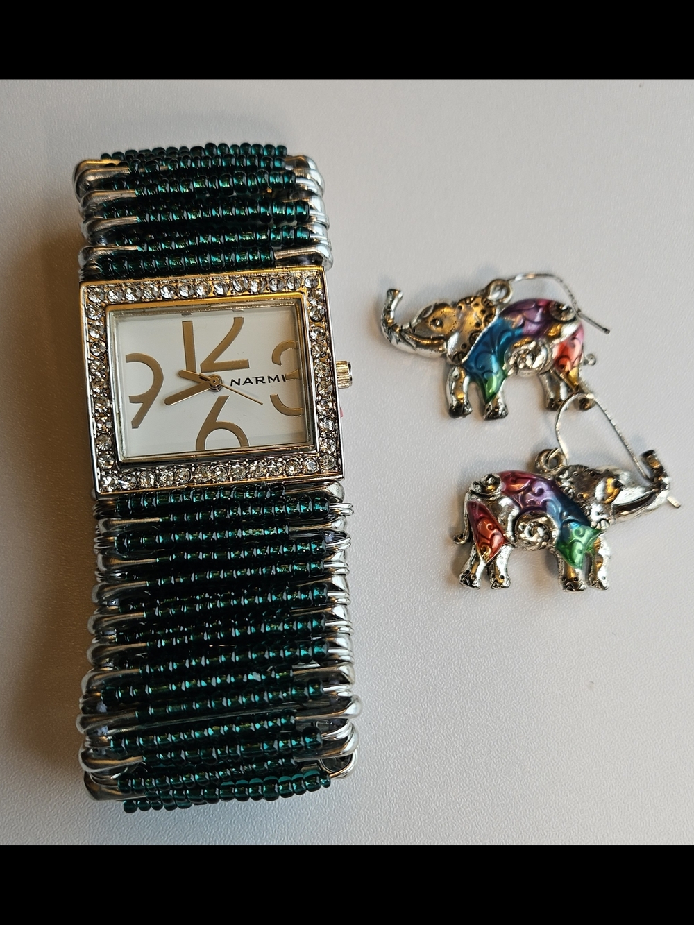 Narmi Crystal Square Watch with Emerald Beaded Stretch Band